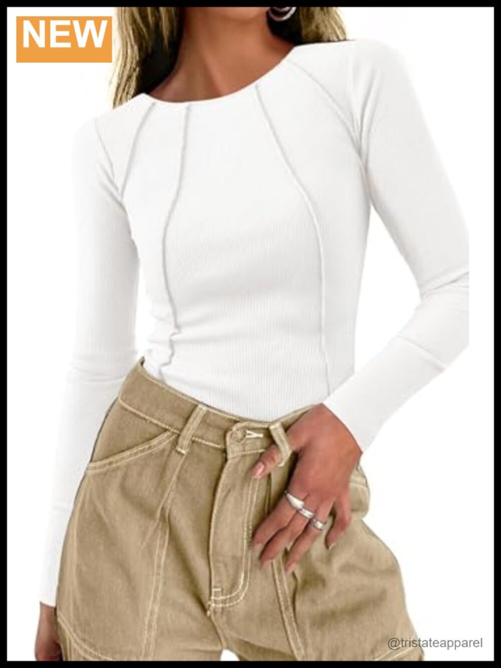 Ribbed Long Sleeve Crop Top Fitted Crew Neck Pullover